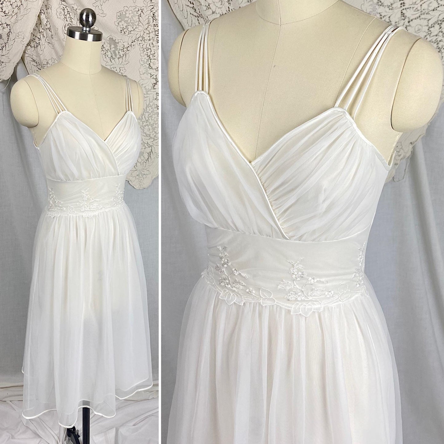 Vintage 1950's - 1960's Nightgown & Peignoir Set | Crisp White Nylon Chiffon with Satin Appliques | Size XS | By Gotham Gold Label