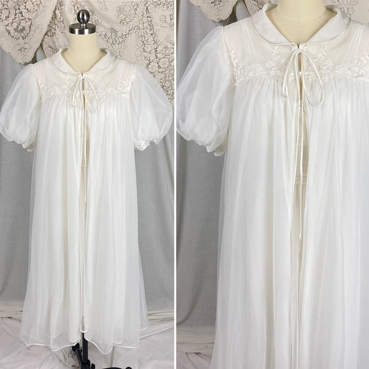 Vintage 1950's - 1960's Nightgown & Peignoir Set | Crisp White Nylon Chiffon with Satin Appliques | Size XS | By Gotham Gold Label