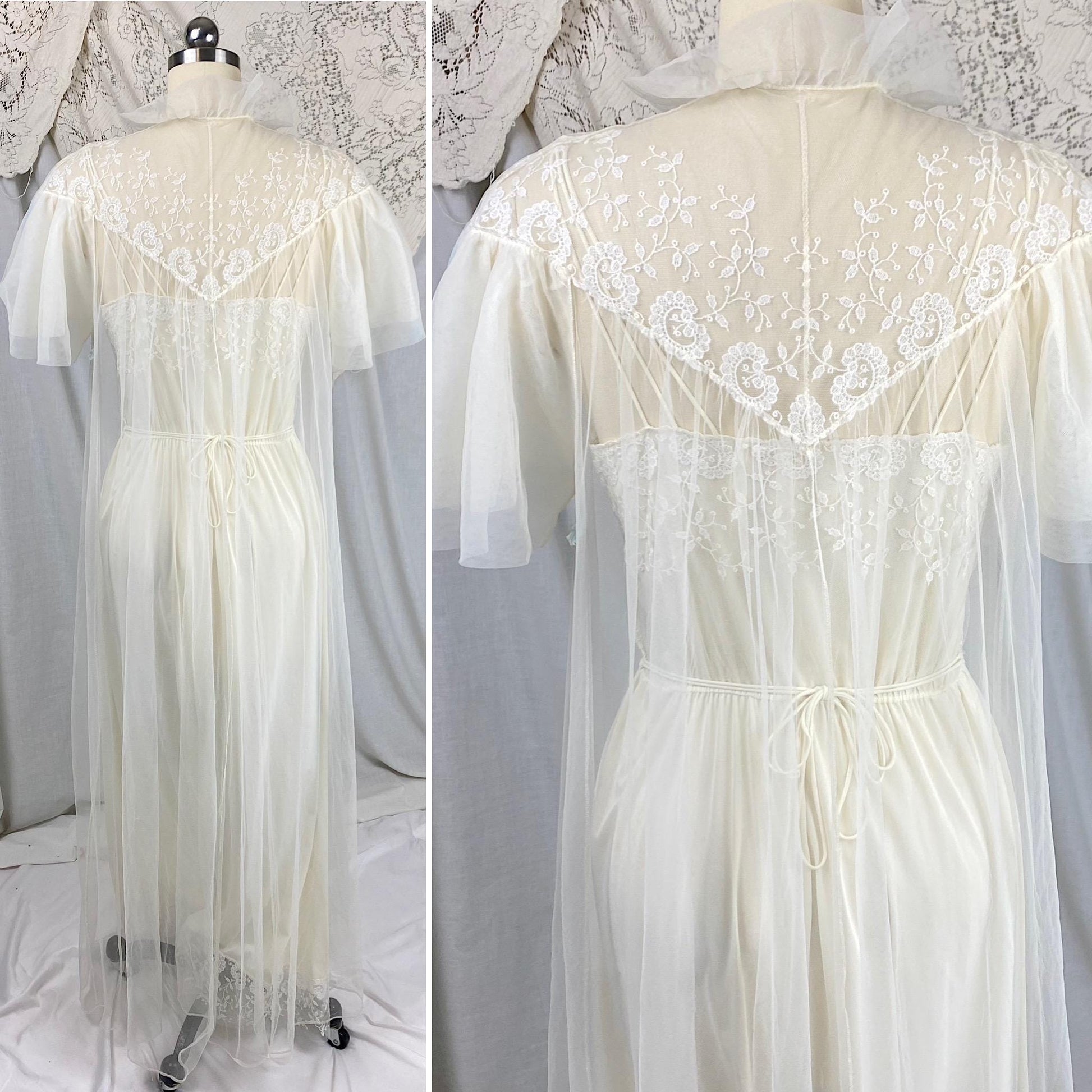 Vintage 1950's - 1960's Nightgown & Peignoir Set | Buttercream White Nylon with Floral Embroidery | Size S, M | By Carter's