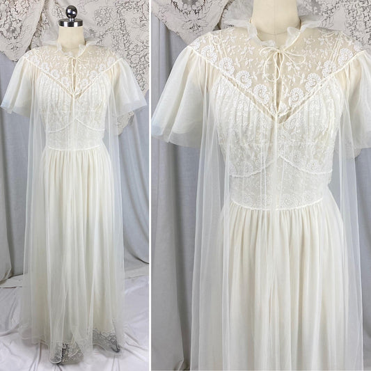 Vintage 1950's - 1960's Nightgown & Peignoir Set | Buttercream White Nylon with Floral Embroidery | Size S, M | By Carter's