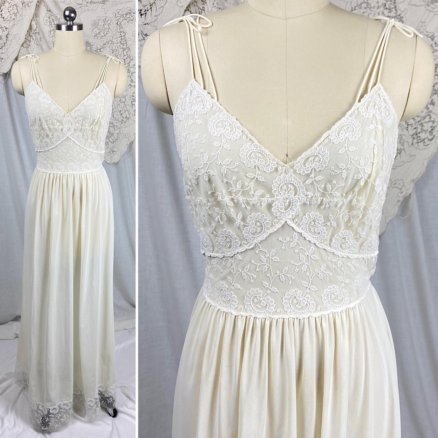 Vintage 1950's - 1960's Nightgown & Peignoir Set | Buttercream White Nylon with Floral Embroidery | Size S, M | By Carter's
