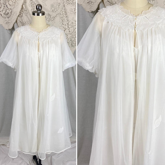 Vintage 1950's - 1960's Nightgown & Peignoir Set | Snow White Nylon Chiffon with Flower Petal Appliques | Size XS | By Laros