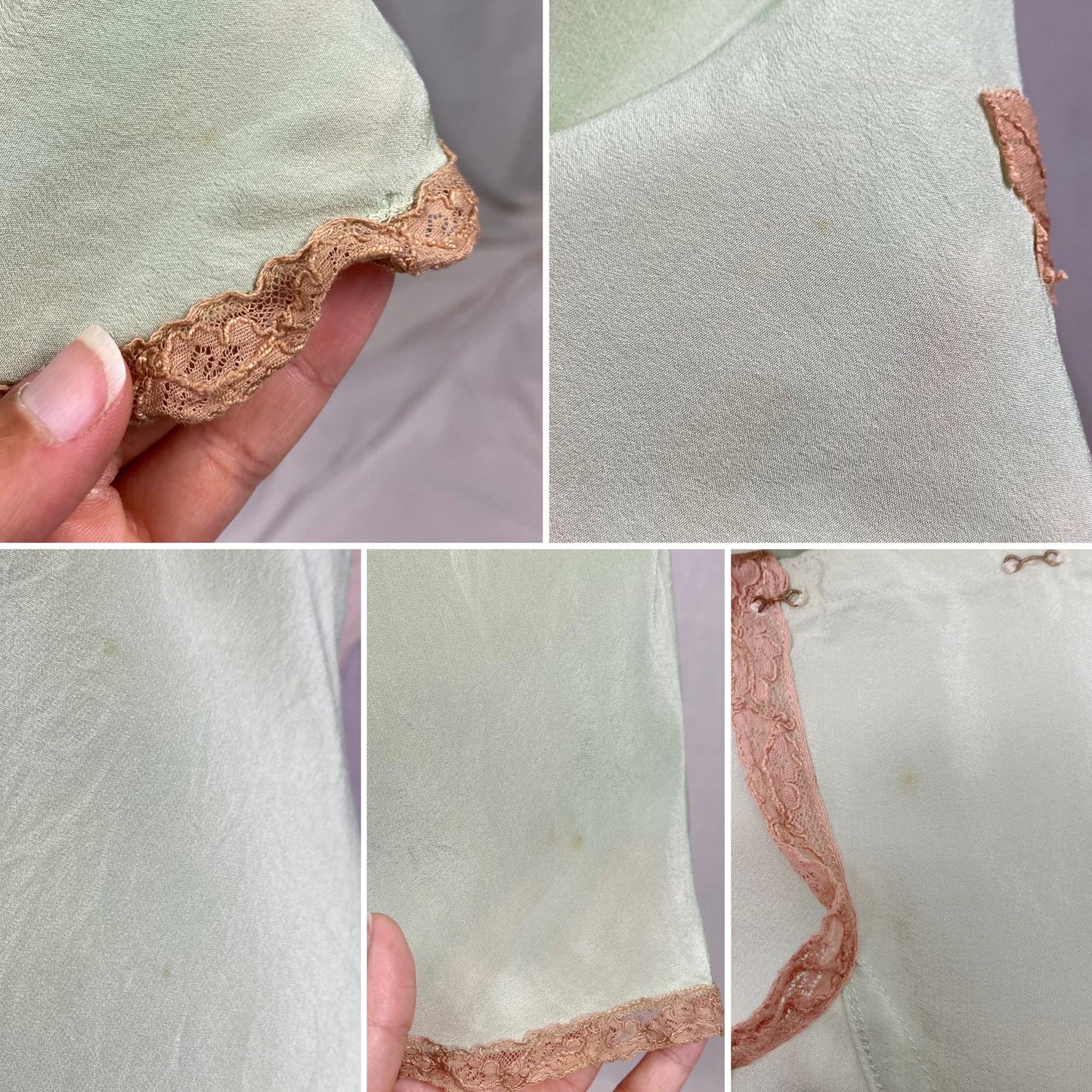Vintage 1920's - 1930's Teddy Chemise | Mint Green Silk with Deep Nude Lace Appliqués | Size XS, S