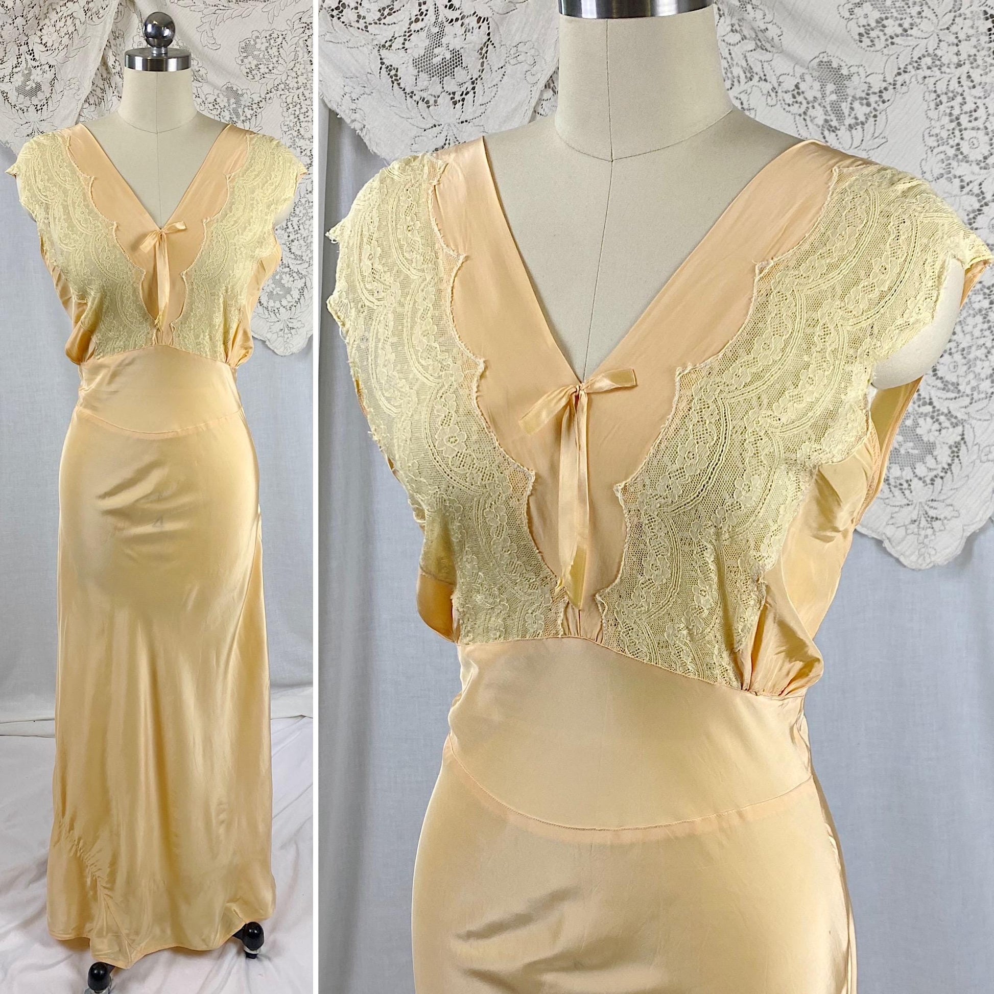 Vintage 1940's Nightgown | Bold Golden Melon Hue Rayon with Scalloped Cotton Lace | Size S, M | By Lady Edso