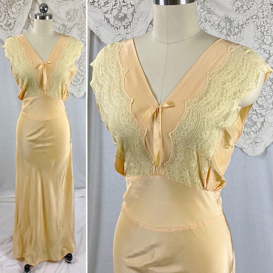 Vintage 1940's Nightgown | Bold Golden Melon Hue Rayon with Scalloped Cotton Lace | Size S, M | By Lady Edso
