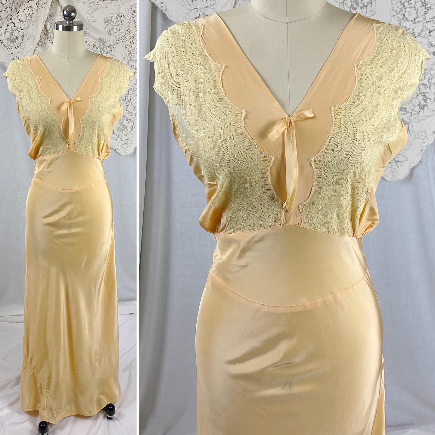 Vintage 1940's Nightgown | Bold Golden Melon Hue Rayon with Scalloped Cotton Lace | Size S, M | By Lady Edso