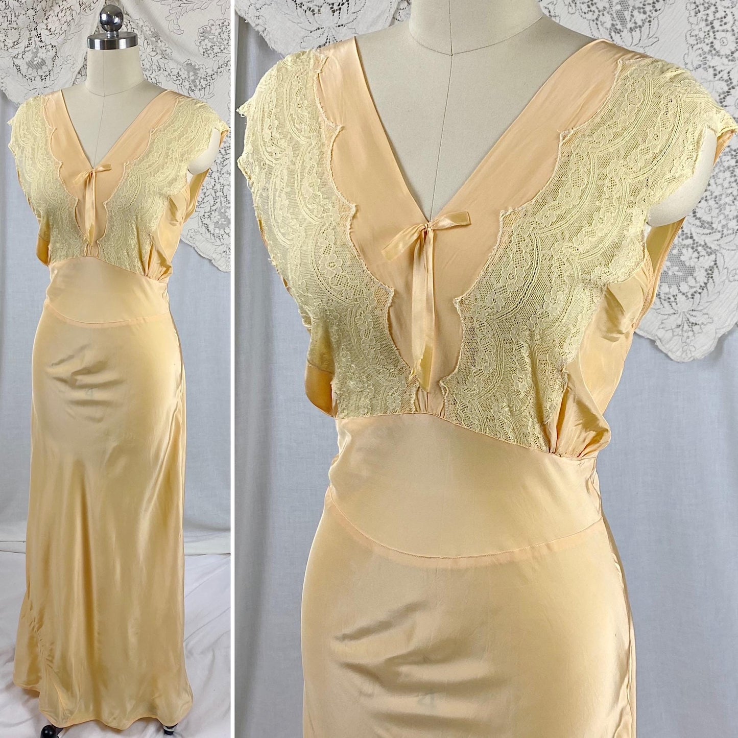 Vintage 1940's Nightgown | Bold Golden Melon Hue Rayon with Scalloped Cotton Lace | Size S, M | By Lady Edso