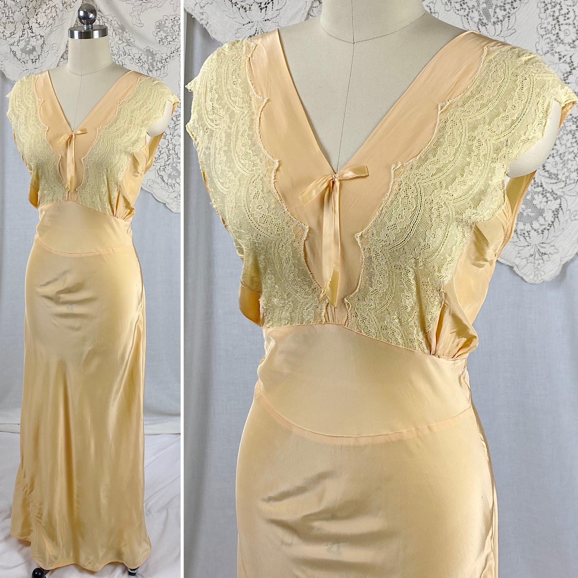 Vintage 1940's Nightgown | Bold Golden Melon Hue Rayon with Scalloped Cotton Lace | Size S, M | By Lady Edso