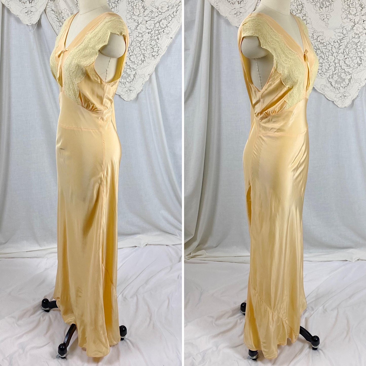 Vintage 1940's Nightgown | Bold Golden Melon Hue Rayon with Scalloped Cotton Lace | Size S, M | By Lady Edso