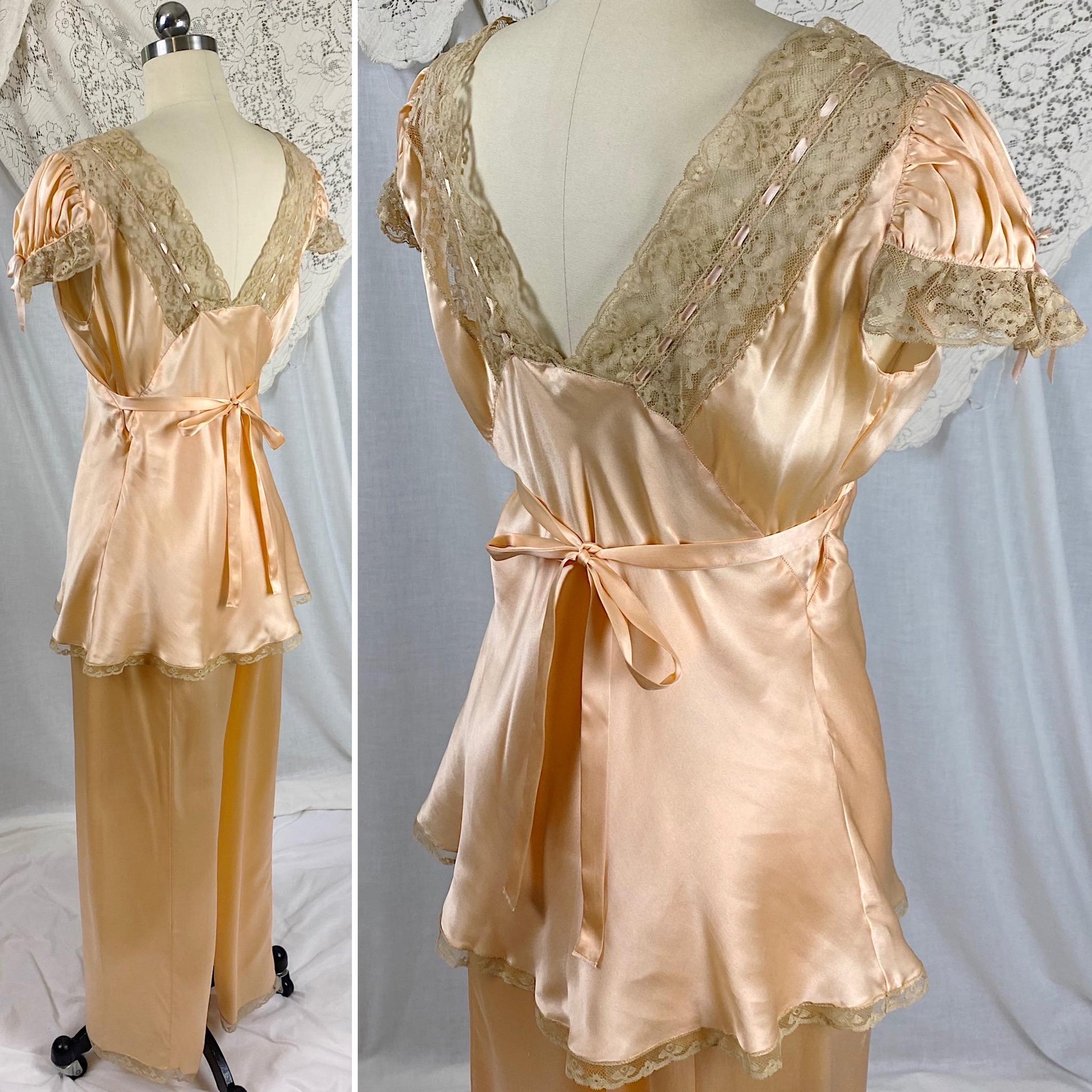 Vintage 1930's Pajama Set | Rose Gold Silk Satin with Deep Nude Lace | Size M, LG | Unworn with Tags