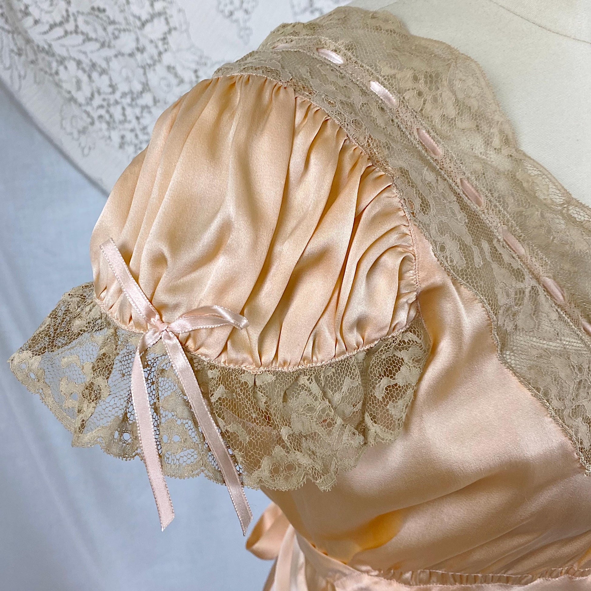 Vintage 1930's Pajama Set | Rose Gold Silk Satin with Deep Nude Lace | Size M, LG | Unworn with Tags