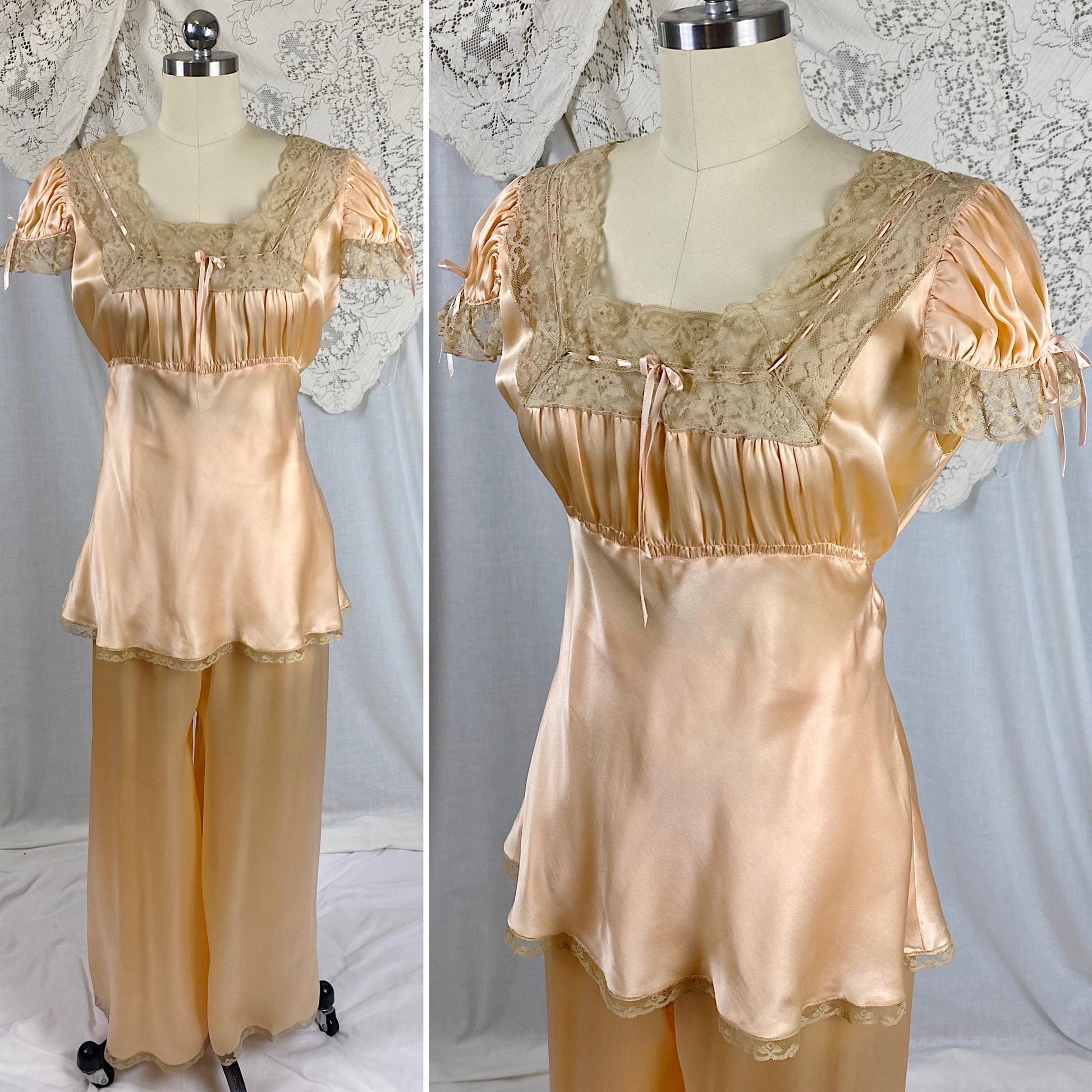 Vintage 1930's Pajama Set | Rose Gold Silk Satin with Deep Nude Lace | Size M, LG | Unworn with Tags