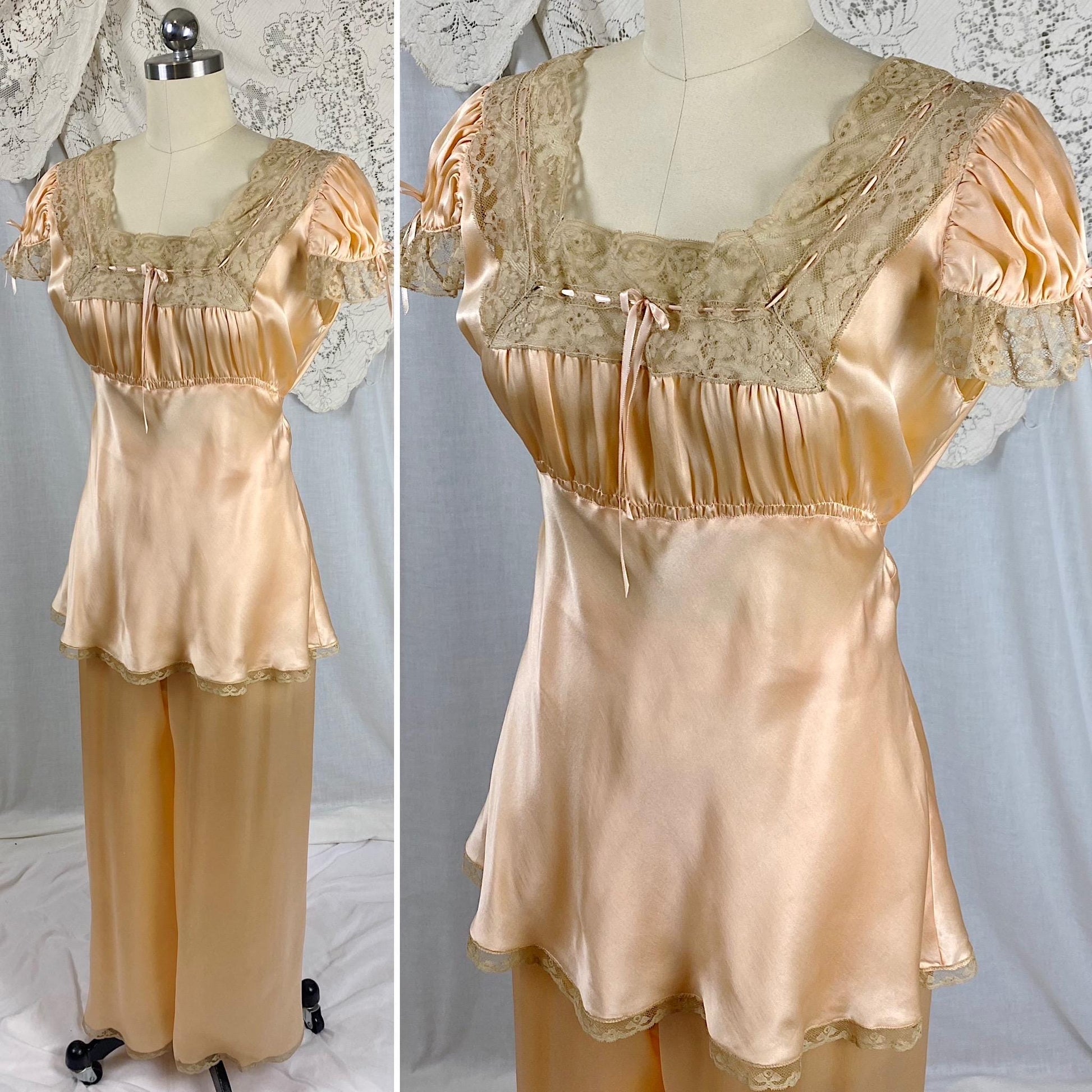 Vintage 1930's Pajama Set | Rose Gold Silk Satin with Deep Nude Lace | Size M, LG | Unworn with Tags