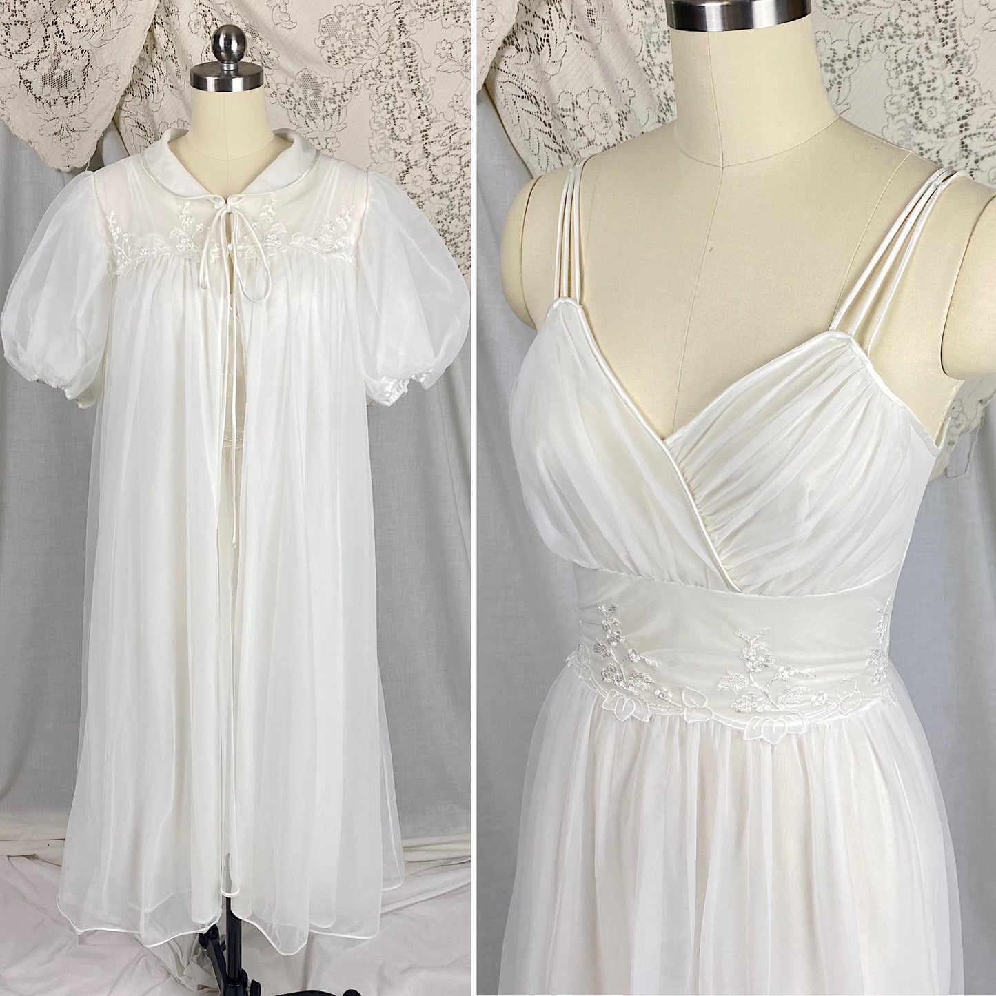 Vintage 1950's - 1960's Nightgown & Peignoir Set | Crisp White Nylon Chiffon with Satin Appliques | Size XS | By Gotham Gold Label