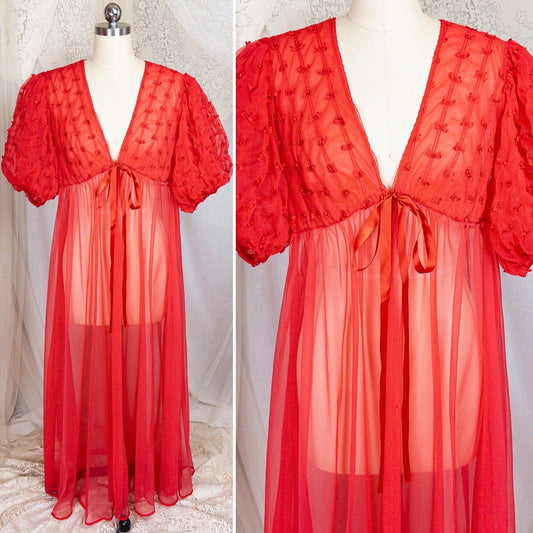 1960s Peignoir Robe - Sheer Rose Red Nylon Chiffon with Puffed Sleeves & Ribbon Bow Detail