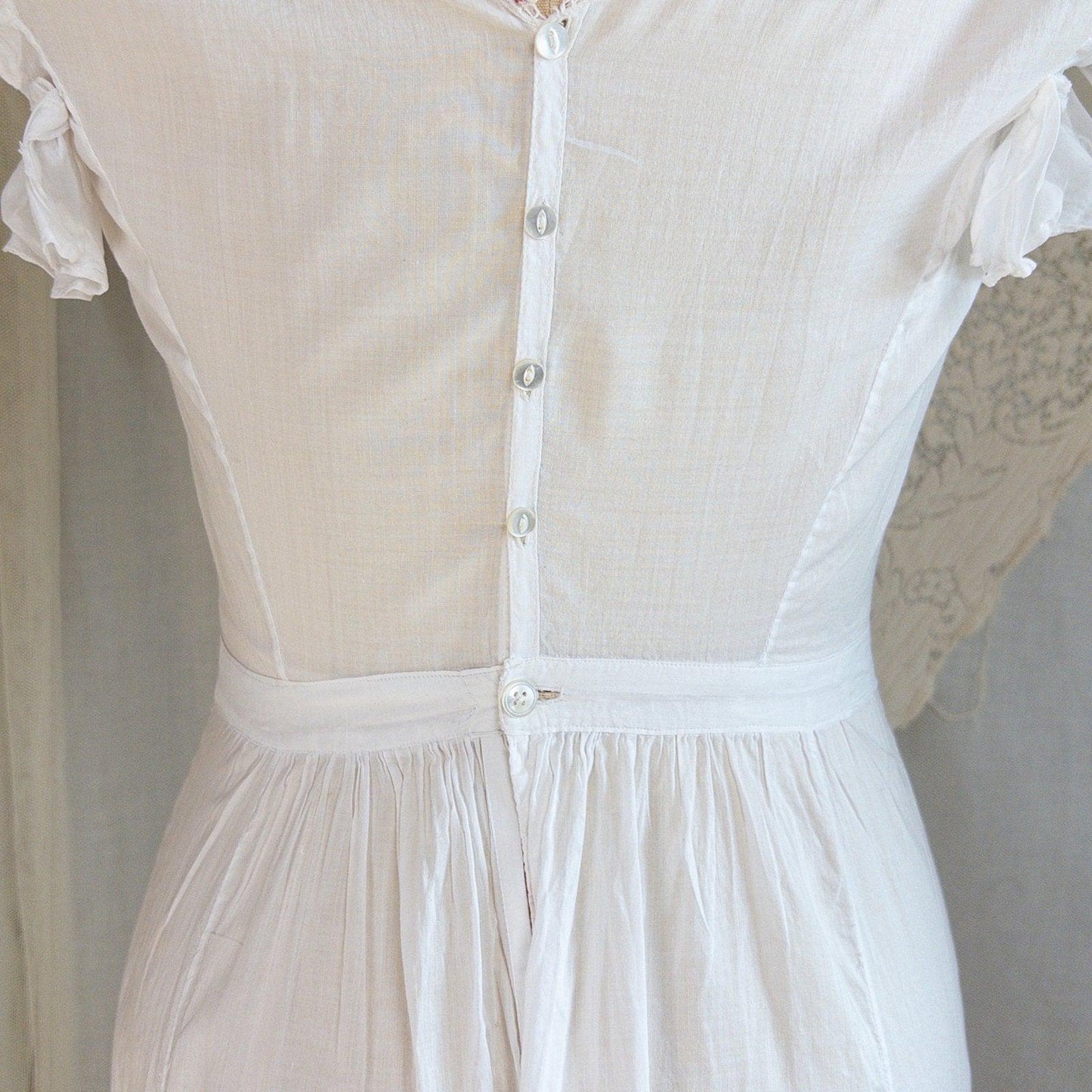 1910's Edwardian Princess Slip - White Cotton with Bobbin Lace Trim & Pink Satin Draswtrings - Daggers & Dames