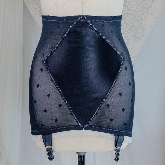 Vintage 1950's Girdle - Black Diamond Print Mesh with Ruffled White Chiffon & Satin Panels by Lily of France, Enhance | XS, Small