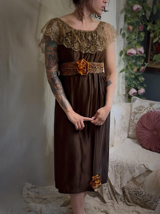 Antique 1910s-1920s Evening Gown - Rich Brown Silk with Gold Metallic Lace & Velvet Flowers