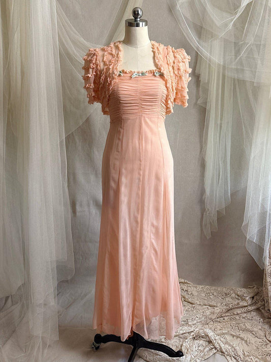 Vintage 1930's Dress & Bolero Set - Coral Pink Silk Crepe Chiffon with Ruched Detail | XS - Daggers & Dames