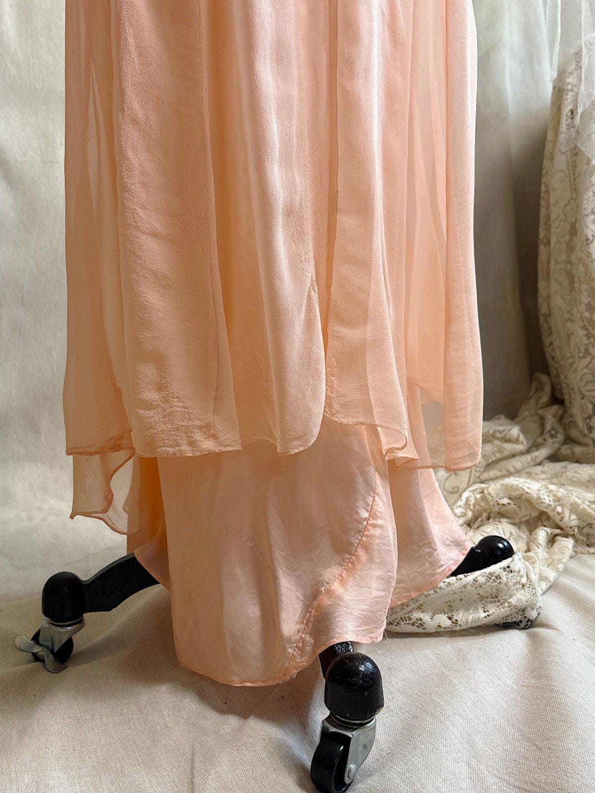 Vintage 1930's Dress & Bolero Set - Coral Pink Silk Crepe Chiffon with Ruched Detail | XS - Daggers & Dames