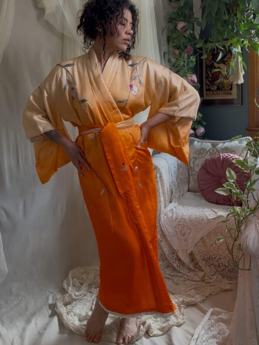 Antique 1920's Japanese Kimono - Bold Orange Ombre Silk with Couched Peacock Hand Embroidery & Fringe Sash | One Size - Daggers & Dames