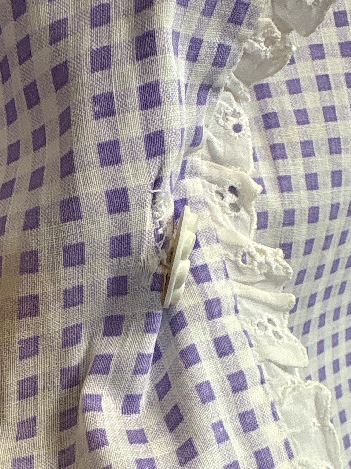 Vintage 1930's - 1940's Day Dress | Lilac Purple & White Gingham Print Cotton with Ruffled Eyelet Lace | M