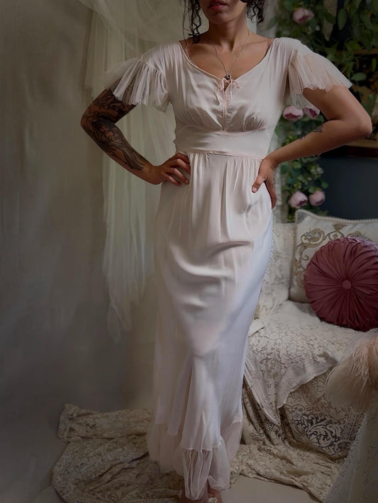 Vintage 1940s-1950s Nightgown - Powder Pink Rayon with Ruffled Nylon Tulle by Textron
