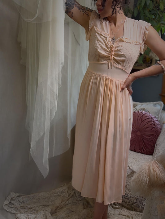 Vintage 1940s Nightgown - Pale Blush Pink Rayon Chiffon with Diamond Pin Tuck Detail, Made in Hungary