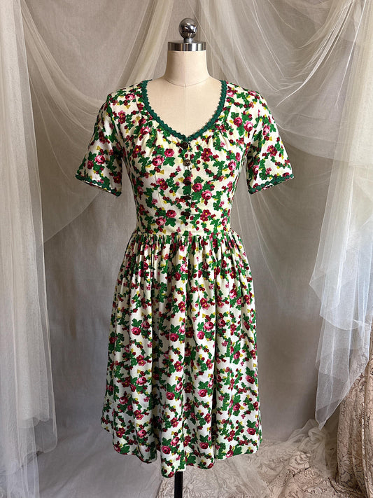 Vintage 1950's Day Dress | Cream Cotton with Floral Folk Print & Brass Button Closure | XS