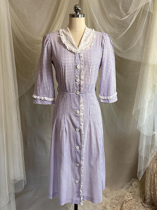 Vintage 1930's - 1940's Day Dress | Lilac Purple & White Gingham Print Cotton with Ruffled Eyelet Lace | M