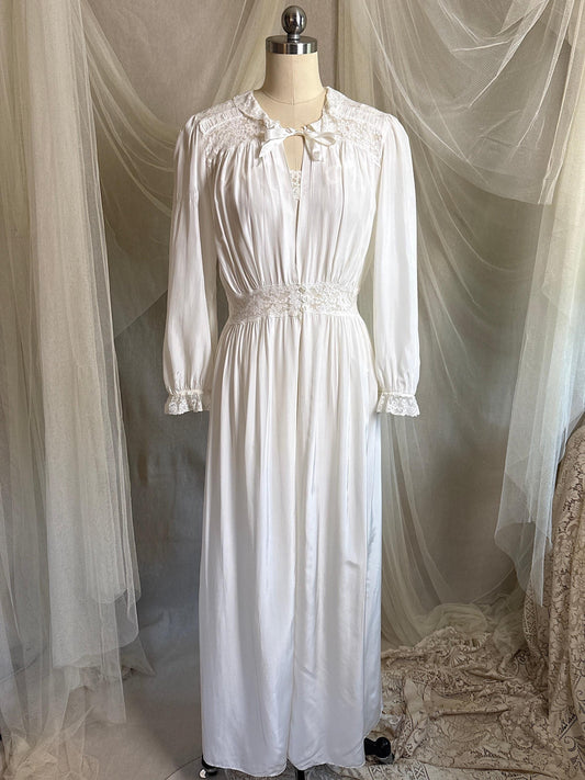 Vintage 1940's Nightgown & Peignoir Set - White Rayon with Cotton Lace by Lady Doretta | XS, S