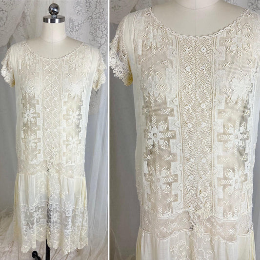 Late 1910's - 1920's Dress - Buttermilk Embroidered Cotton Lawn with Irish & Filet Lace - Size S, M - Daggers & Dames