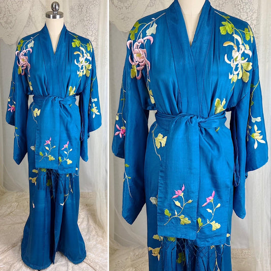 Vintage 1910's - 1920's Japanese Kimono Robe - Cobalt Blue Silk with Floral Embroidery & Fringe Sash - Size Free - Daggers & Dames