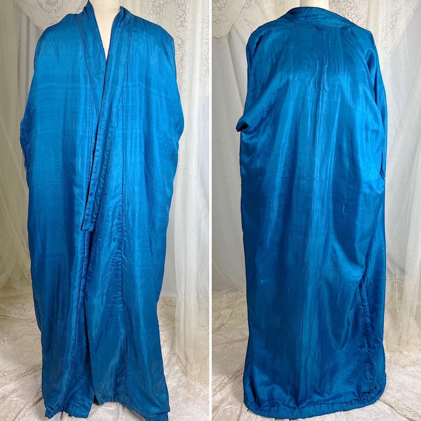 Vintage 1910's - 1920's Japanese Kimono Robe - Cobalt Blue Silk with Floral Embroidery & Fringe Sash - Size Free - Daggers & Dames