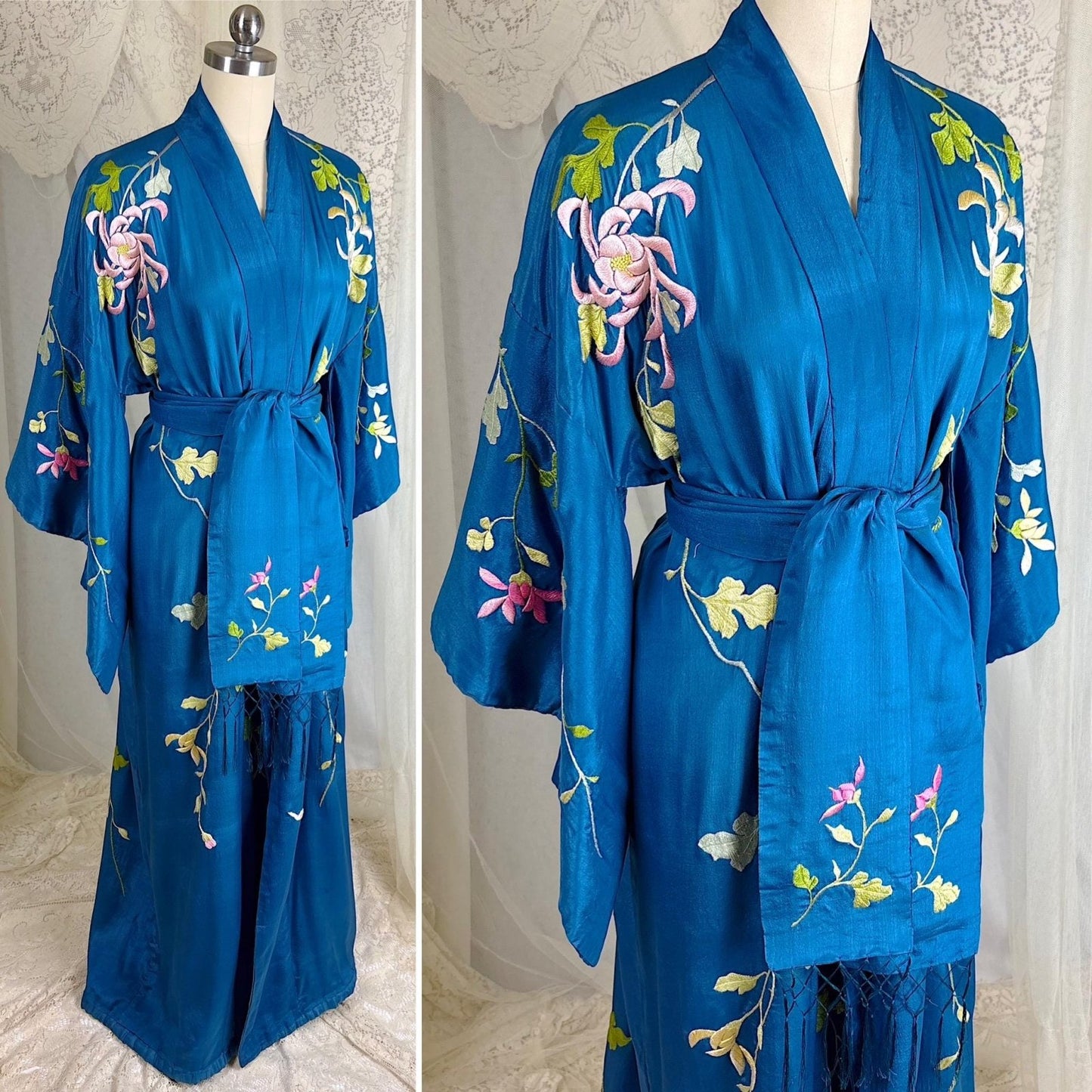 Vintage 1910's - 1920's Japanese Kimono Robe - Cobalt Blue Silk with Floral Embroidery & Fringe Sash - Size Free - Daggers & Dames