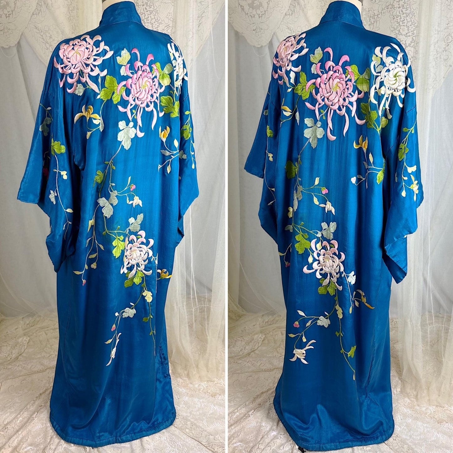 Vintage 1910's - 1920's Japanese Kimono Robe - Cobalt Blue Silk with Floral Embroidery & Fringe Sash - Size Free - Daggers & Dames