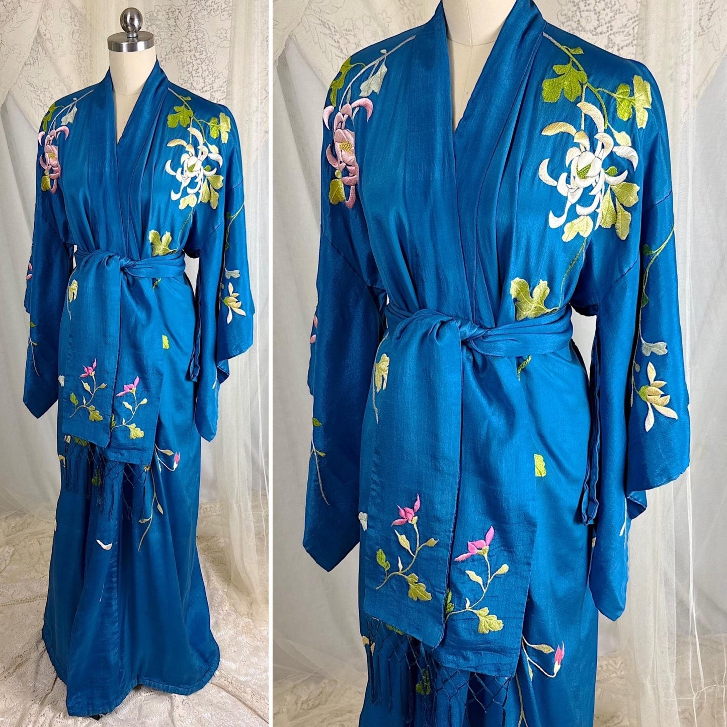 Vintage 1910's - 1920's Japanese Kimono Robe - Cobalt Blue Silk with Floral Embroidery & Fringe Sash - Size Free - Daggers & Dames