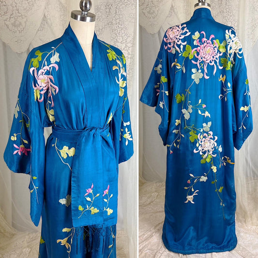 Vintage 1910's - 1920's Japanese Kimono Robe - Cobalt Blue Silk with Floral Embroidery & Fringe Sash - Size Free - Daggers & Dames