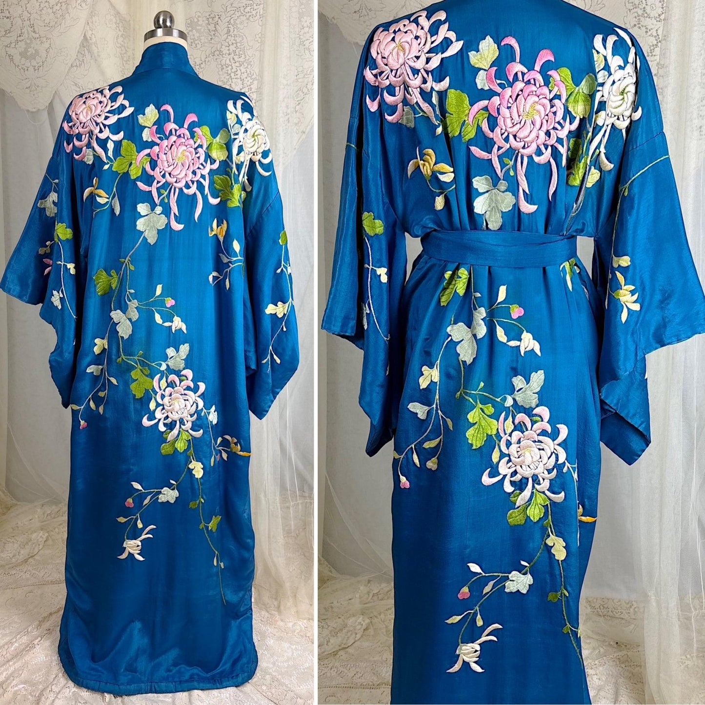 Vintage 1910's - 1920's Japanese Kimono Robe - Cobalt Blue Silk with Floral Embroidery & Fringe Sash - Size Free - Daggers & Dames