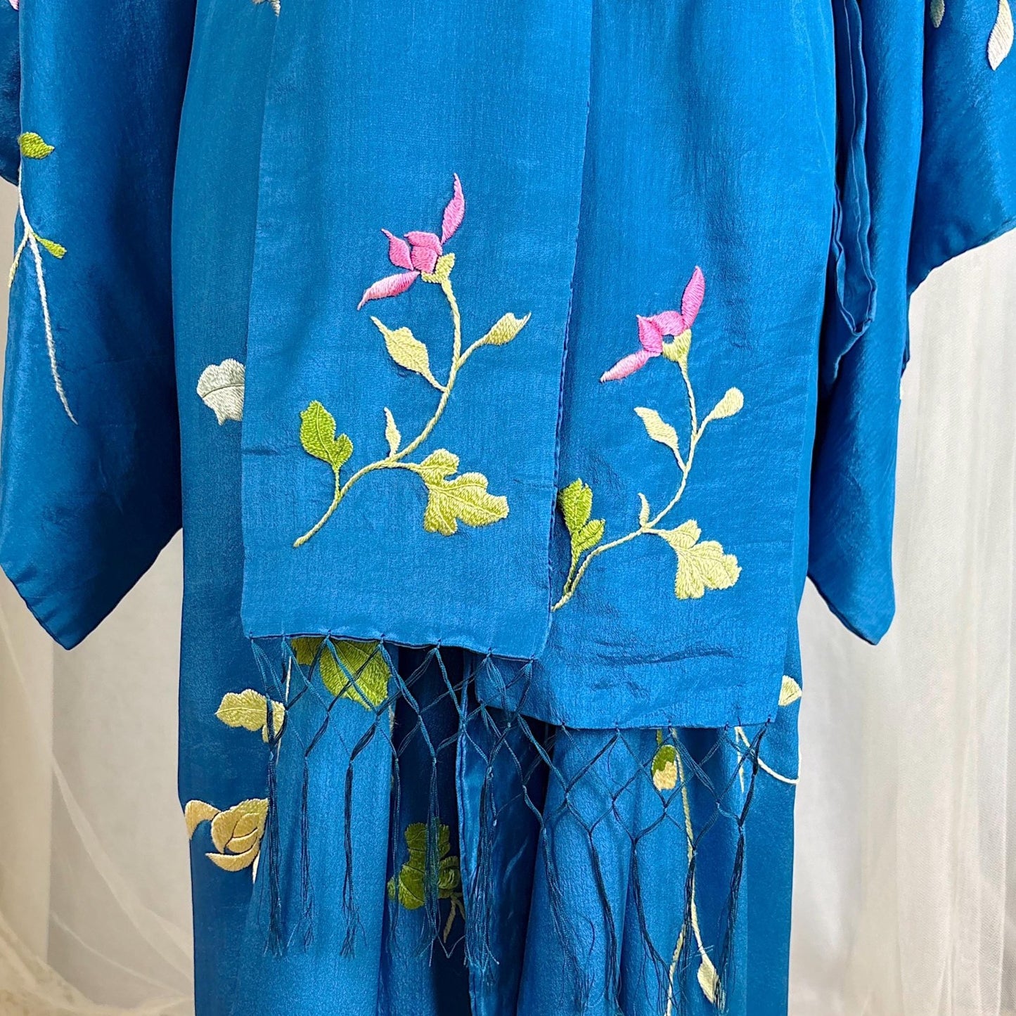 Vintage 1910's - 1920's Japanese Kimono Robe - Cobalt Blue Silk with Floral Embroidery & Fringe Sash - Size Free - Daggers & Dames