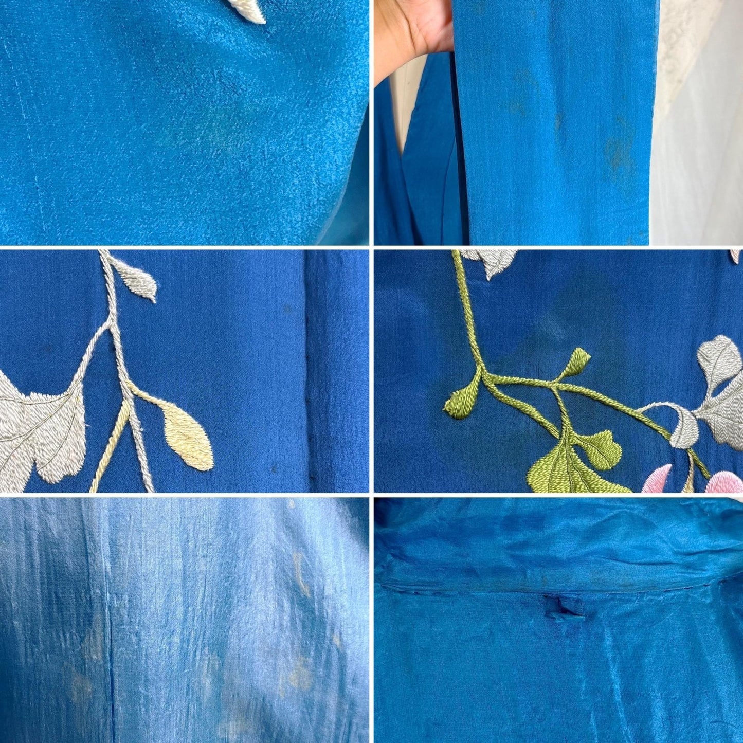 Vintage 1910's - 1920's Japanese Kimono Robe - Cobalt Blue Silk with Floral Embroidery & Fringe Sash - Size Free - Daggers & Dames