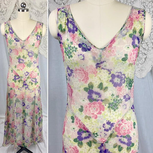 Vintage 1920's - 1930's Dress | Very Sheer Cream Silk Gauze with Bold Floral Print & Gored Skirt | Size XS - Daggers & Dames