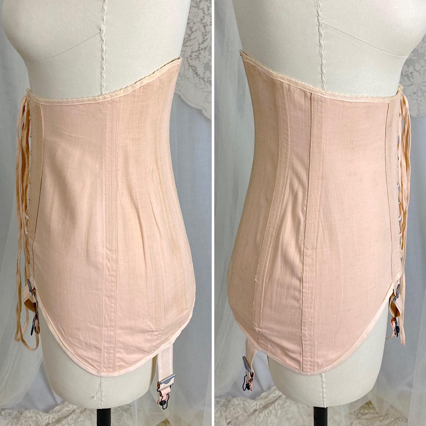 Vintage 1920's - 1930's Front Lacing Corset - Rich Peach Cotton Coutil with Decorative Hemstitching - Size XS, S - By Gossard - Daggers & Dames