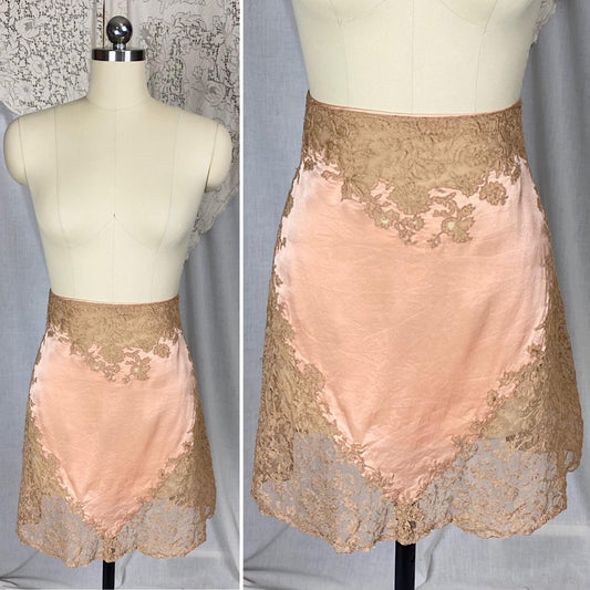 Vintage 1920's - 1930's Half Slip | Rich Blush Pink Heart Pattern Silk with Camel Brown Floral Alencon Lace | Size M, LG - Daggers & Dames