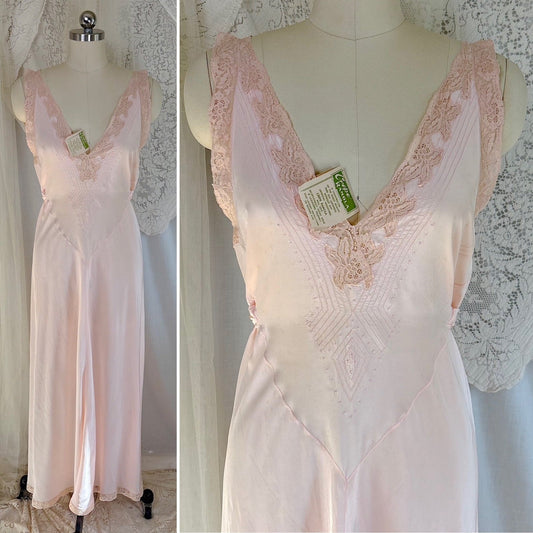 Vintage 1920's - 1930's Nightgown - Palest Pink Silk with Elaborate Embroidered Detail - by Crepe Ramola, New with Tags, size M - Daggers & Dames