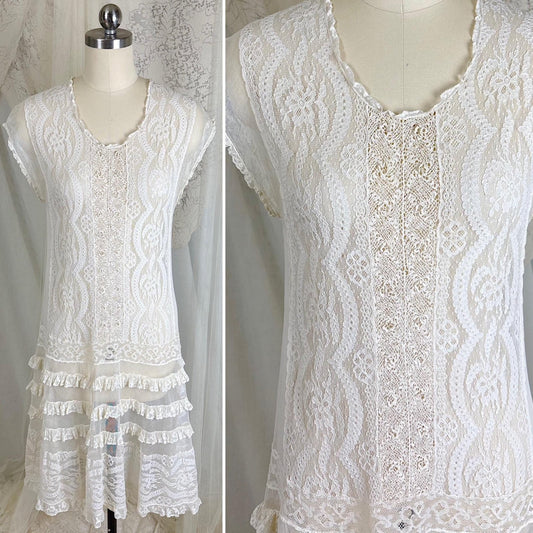 Vintage 1920's Dress - Ivory Cotton Tulle with Irish & Guipure Lace Panels - Size XS, S - Daggers & Dames