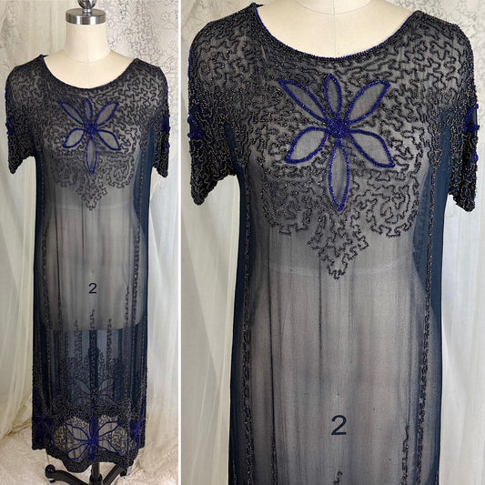 Vintage 1920's Dress - Sheer Black Silk Crepe with Heavy Glass Seed Beadwork & Split Sleeves - Size XS - Daggers & Dames