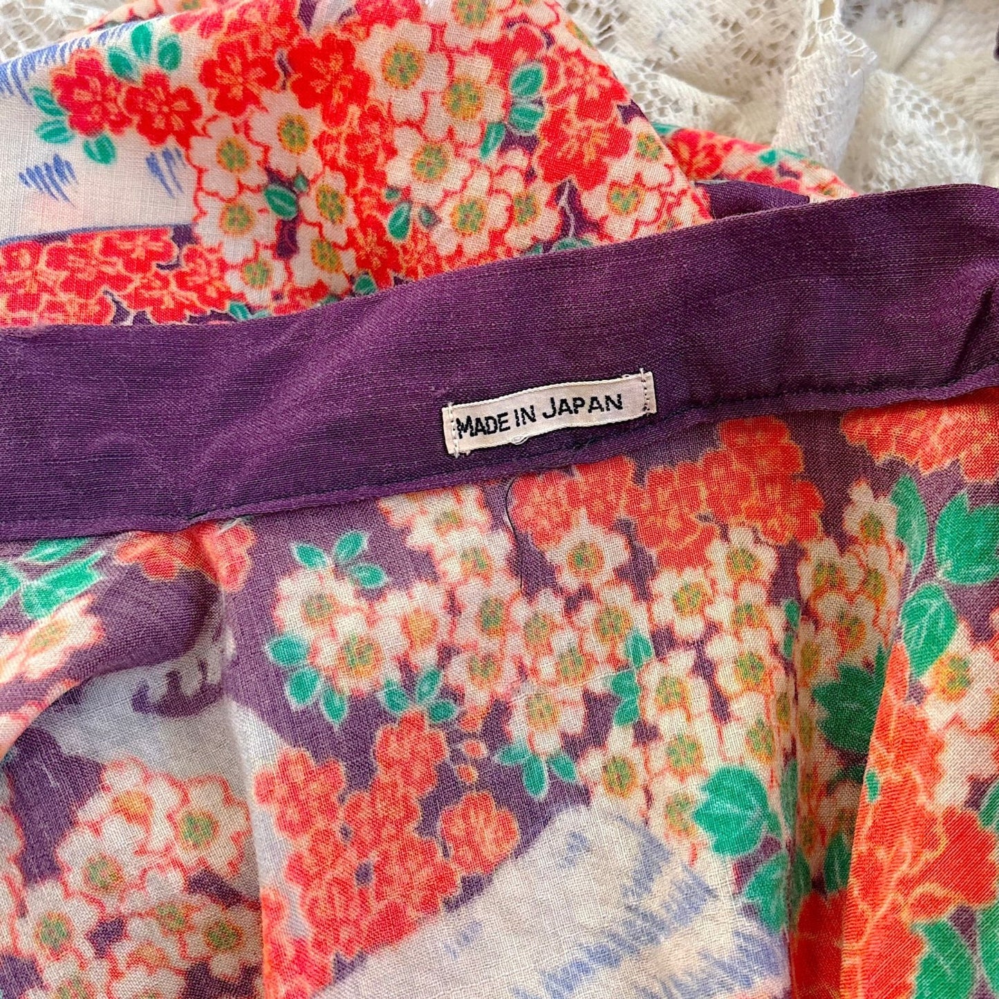 Vintage 1920's Japanese Robe - Eggplant Purple Cotton with Elaborate Floral Motif, size Free - Daggers & Dames