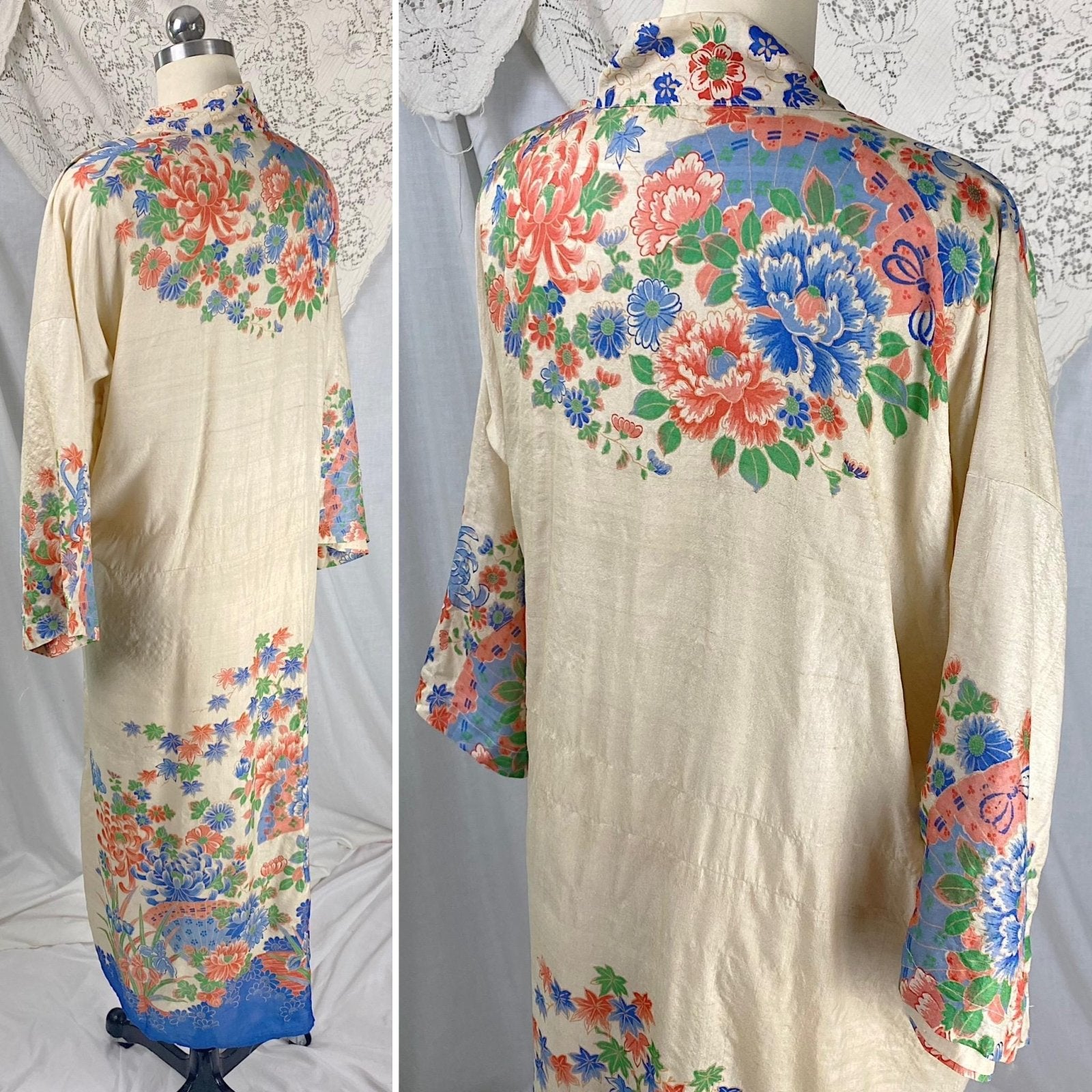 Vintage 1920s Japanese Robe | Natural Pongee Silk with Bold Floral Print & Side Tie | Size S, M, LG - Daggers & Dames