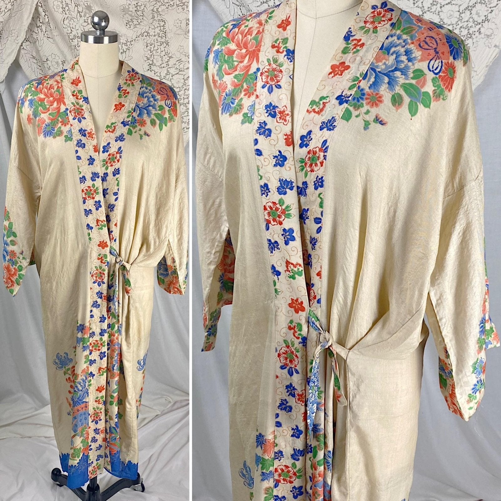 Vintage 1920s Japanese Robe | Natural Pongee Silk with Bold Floral Print & Side Tie | Size S, M, LG - Daggers & Dames